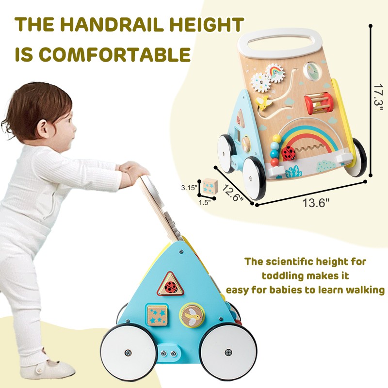 Wooden Baby Walker, Baby Walker Push Toy, Adjustable Speed Baby Walker with Wheels, Baby Push Walker Multiple Activities Center for Boys and Girls 