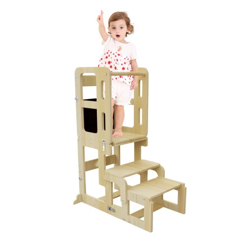 3 in 1 Toddler Kitchen Step Stool, Toddler Kitchen Tower with Chalkboard & Safety Rail, Foldable Weaning Table with Kids Step Stool, Toddler Standing Stool for Kitchen and Bathroom