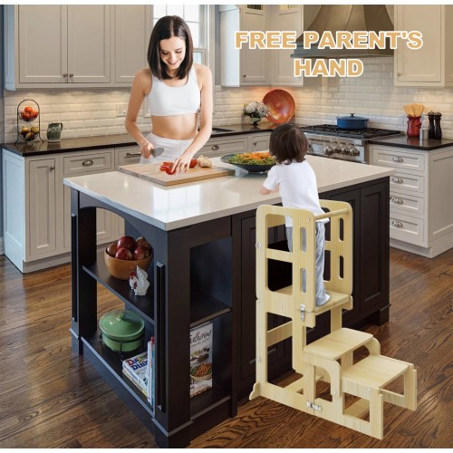 3 in 1 Toddler Kitchen Step Stool, Toddler Kitchen Tower with Chalkboard & Safety Rail, Foldable Weaning Table with Kids Step Stool, Toddler Standing Stool for Kitchen and Bathroom