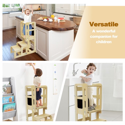 3 in 1 Toddler Kitchen Step Stool, Toddler Kitchen Tower with Chalkboard & Safety Rail, Foldable Weaning Table with Kids Step Stool, Toddler Standing Stool for Kitchen and Bathroom