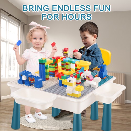 7 in 1 Multi Toddler Activity Table Set, Kids Play Table with Storage,Toddler Table and Chair Set Compatible with Large Blocks, Water Table, Sand Table and Learning Table for Ages 2 and Up