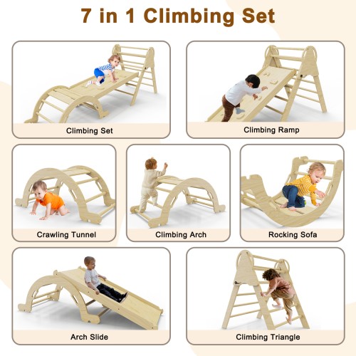 Pikler Triangle Set 7 in 1,Foldable Baby Climbing Toys Wooden,Toddler Climbing Toys Indoor,Climbing Toys for Toddlers 1-3,with Ramp, Arch and Ladder